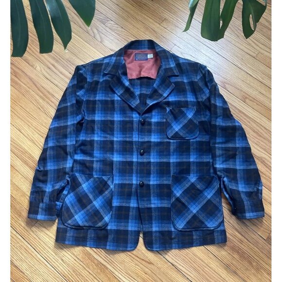 Vintage 70's Large Pendleton Blue Plaid Patch Pocket Casual Wool Blazer Made USA - Picture 1 of 8